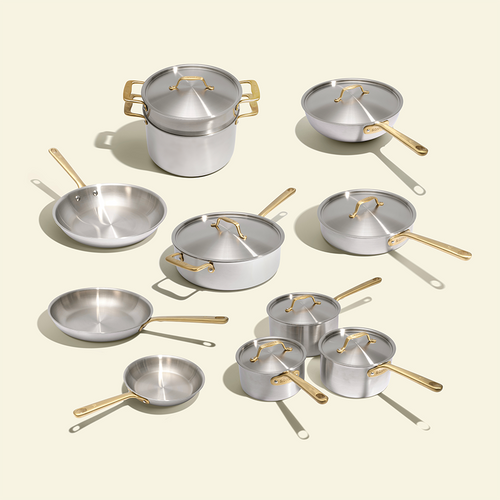 19-piece stainless steel cookware set with gold handles