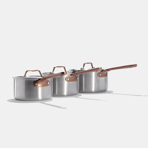 Le trio de casseroles parfaites en inox avec manches bronze - Atma Kitchenware