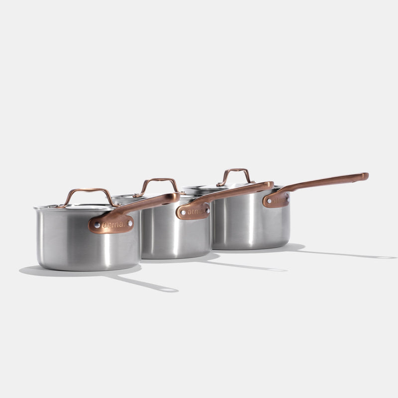Le trio de casseroles parfaites en inox avec manches bronze - Atma Kitchenware