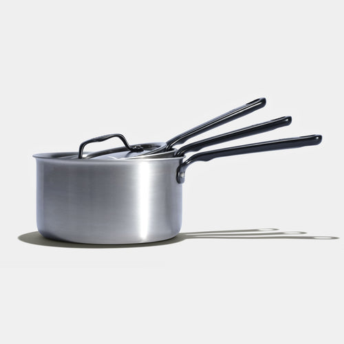 Le trio de casseroles parfaites en inox avec manches noirs - Atma Kitchenware